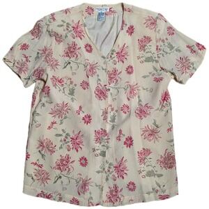 Vintage Talbots Silk Floral Print Blouse Women's Size 10 Cream Short Sleeve
